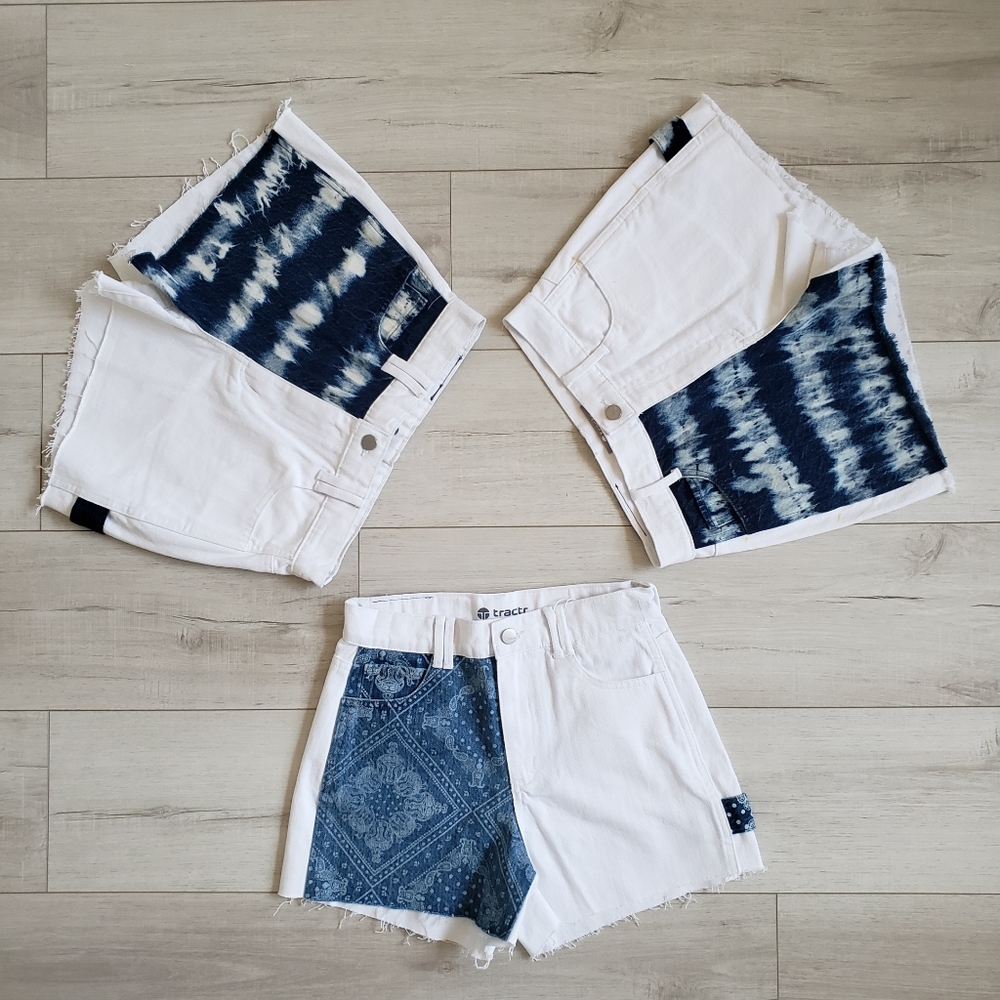 Women Summer Denim Jeans Short TieDye Color Block Size 26 Blue Indigo White NWOT